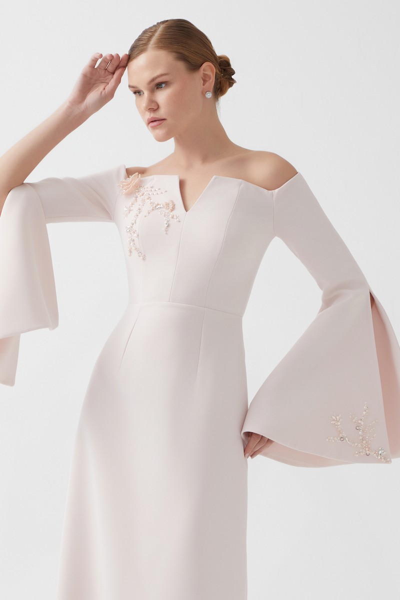 R120 - Off-Shoulder, V-Neckline, Bell Sleeves with Slits and Hand-Embroidered Details, Removable Hand-Embroidered Belt, Back Slit, A-Line, Full-Length Dress