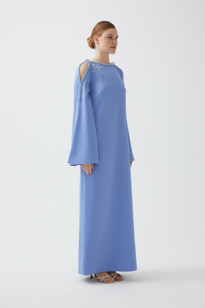 R82 - Ruffled Sleeves, Shoulder and Arm Cut-Outs, Boat Neckline, Hand-Embroidered Details, Loose Fit, Full-Length Dress