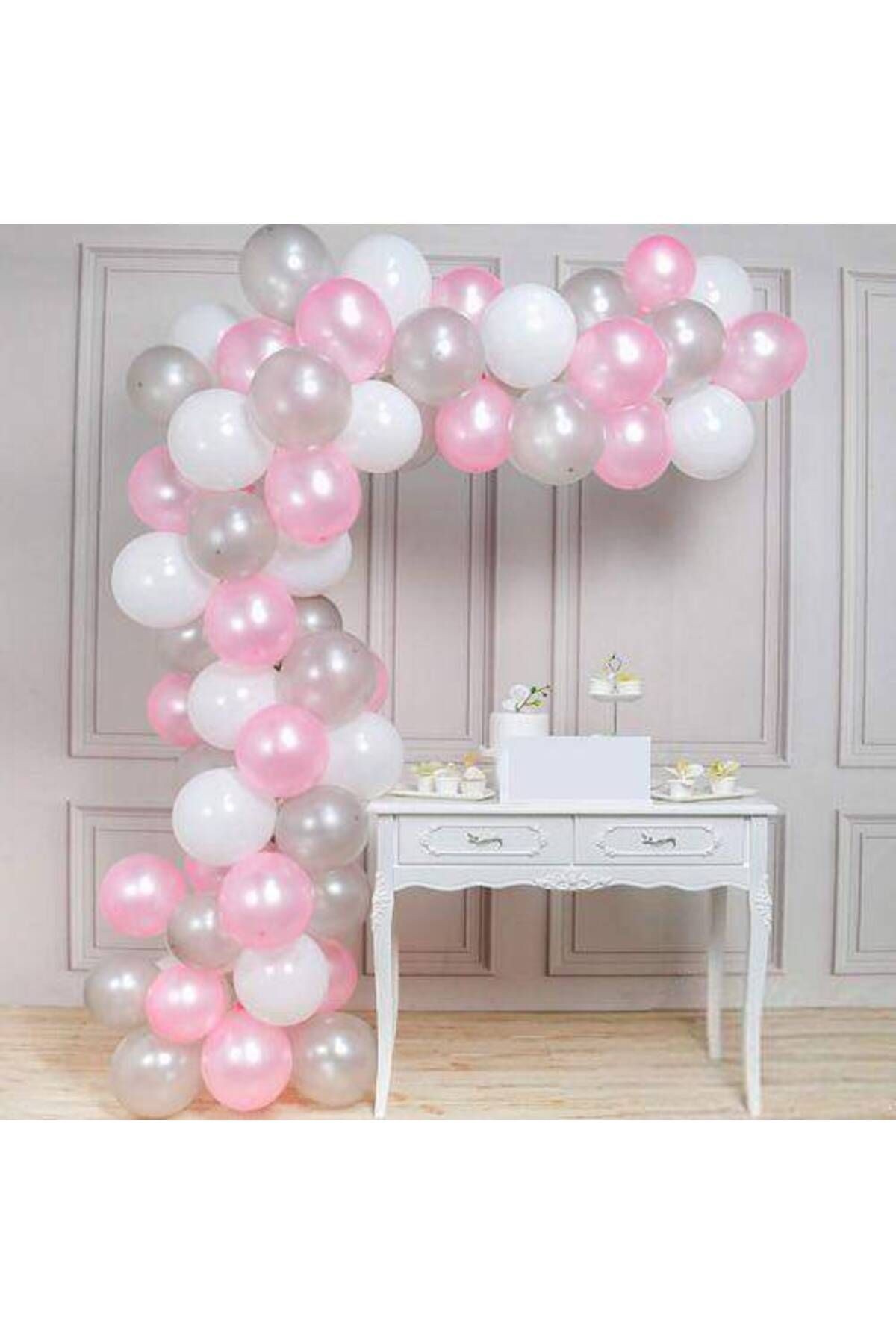 Balon Zinciri - Gümüş Beyaz Pembe 100 Adet