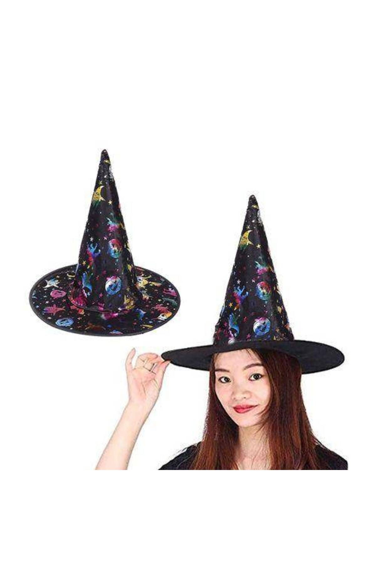 Siyah Üzeri Rengarenk Halloween Figürlü Cadı Şapkası