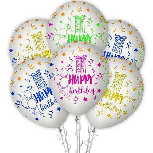 Happy Birthday Floresan Baskılı Balon Beyaz (10 Adet)