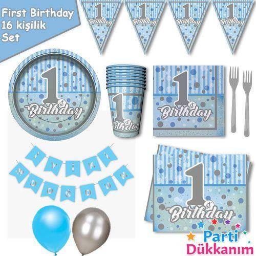 1 Yaş First Birthday 16 Kişilik Parti Seti Mavi