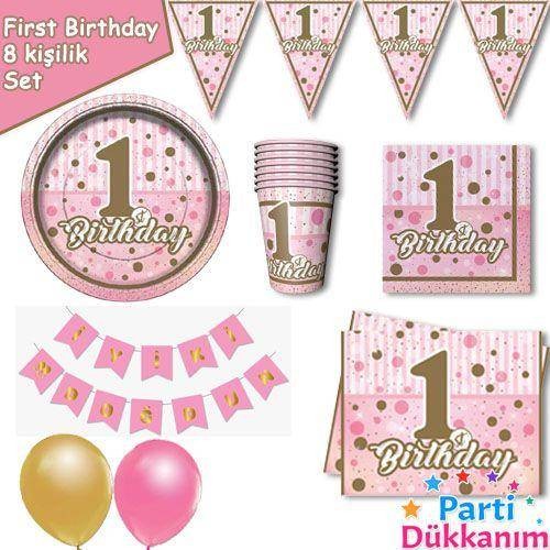 1 Yaş First Birthday 8 Kişilik Parti Seti Pembe
