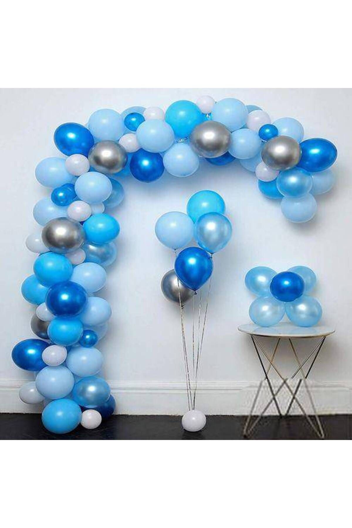 Balon Zinciri - Mavi Beyaz Gümüş 100 Adet