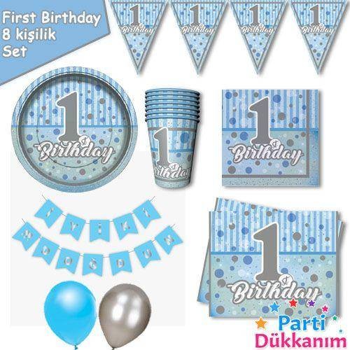 1 Yaş First Birthday 8 Kişilik Parti Seti Mavi