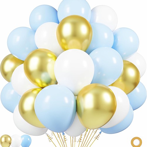Mavi Beyaz ve Gold Balonlar Uçan Balon Demeti