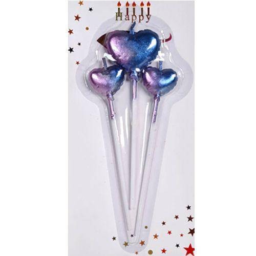 Metalik Renkli Çubuklu Kalp Mum 3'lü
