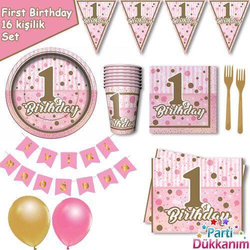 1 Yaş First Birthday 16 Kişilik Parti Seti Pembe