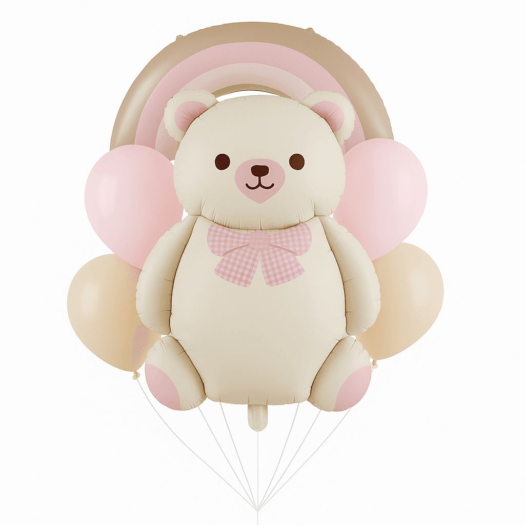 Retro Pembe Ayıcık ve Gökkuşağı Folyo Balon Set