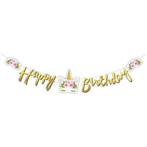 Çiçekli Unicorn Kaligrafi Happy Birthday Yazısı 120 cm