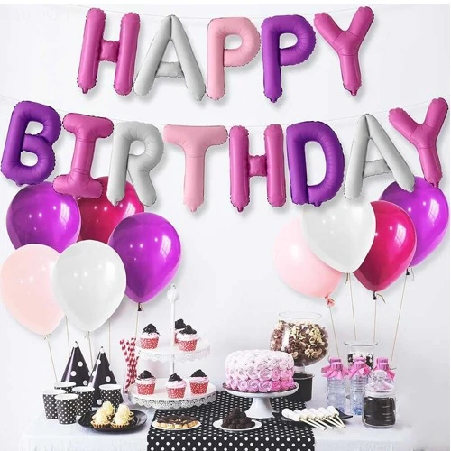 Happy Birthday Pembe Mor Harf Folyo Balon Set 35 cm