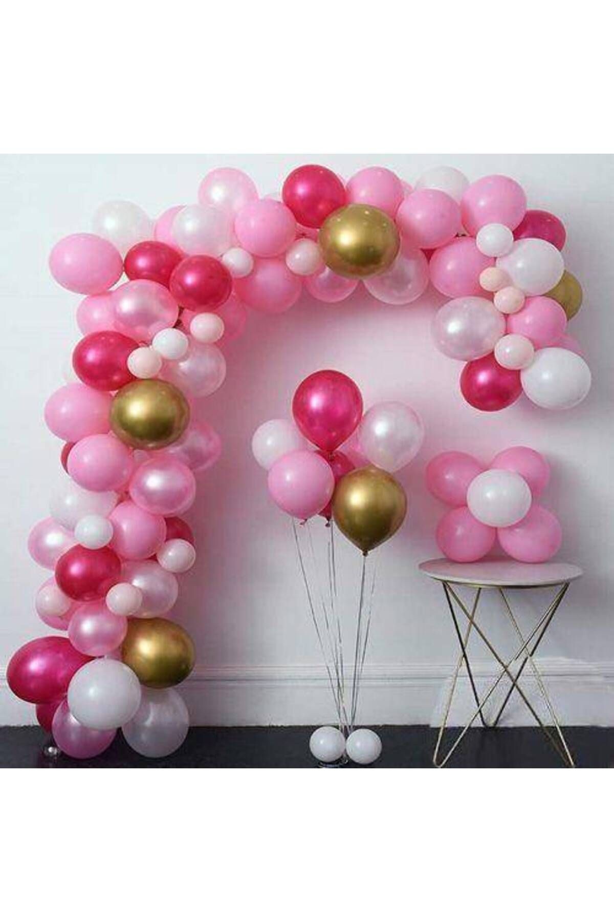 Balon Zinciri - Gold Pembe Fuşya Beyaz 100 Adet