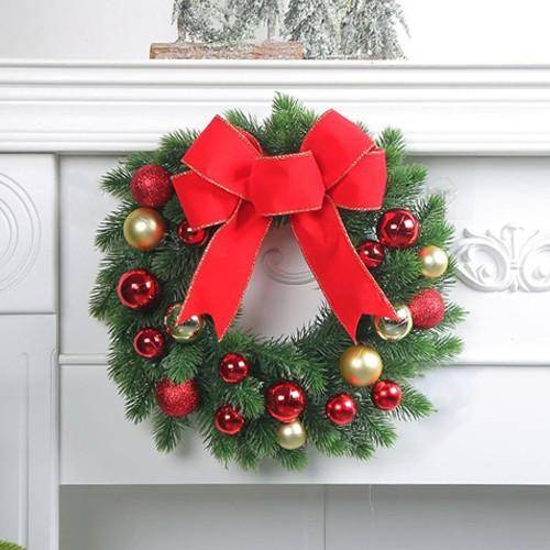 Yılbaşı Top - Kozalak - Fiyonklu Çelenk Kapı Süsü Kırmızı 33 cm