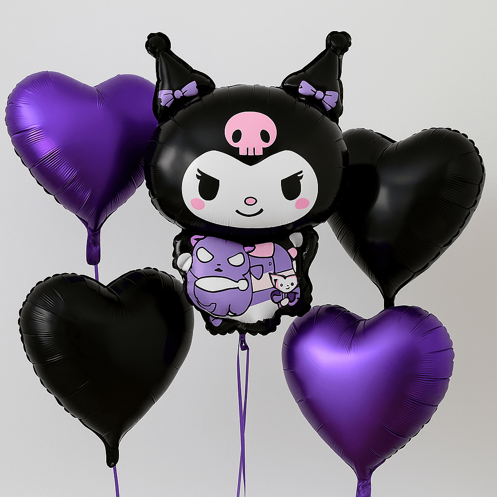 Kuromi Siyah Mor Kalpli Folyo Balon Seti 5'li