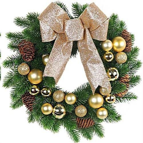 Yılbaşı Top - Kozalak - Fiyonklu Çelenk Kapı Süsü Gold 33 cm
