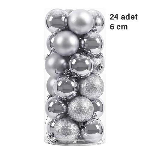 Gümüş Yılbaşı Topu Simli - Parlak - Mat 24 adet 6 cm