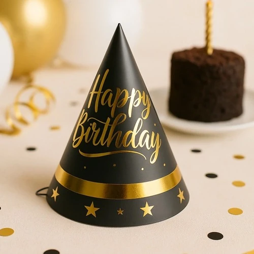 Siyah Gold Happy Birthday Parti Şapkası