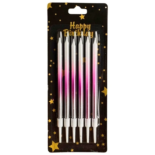 Gümüş Pembe Ombre Uzun Doğum Günü Mum 6'lı 11 cm