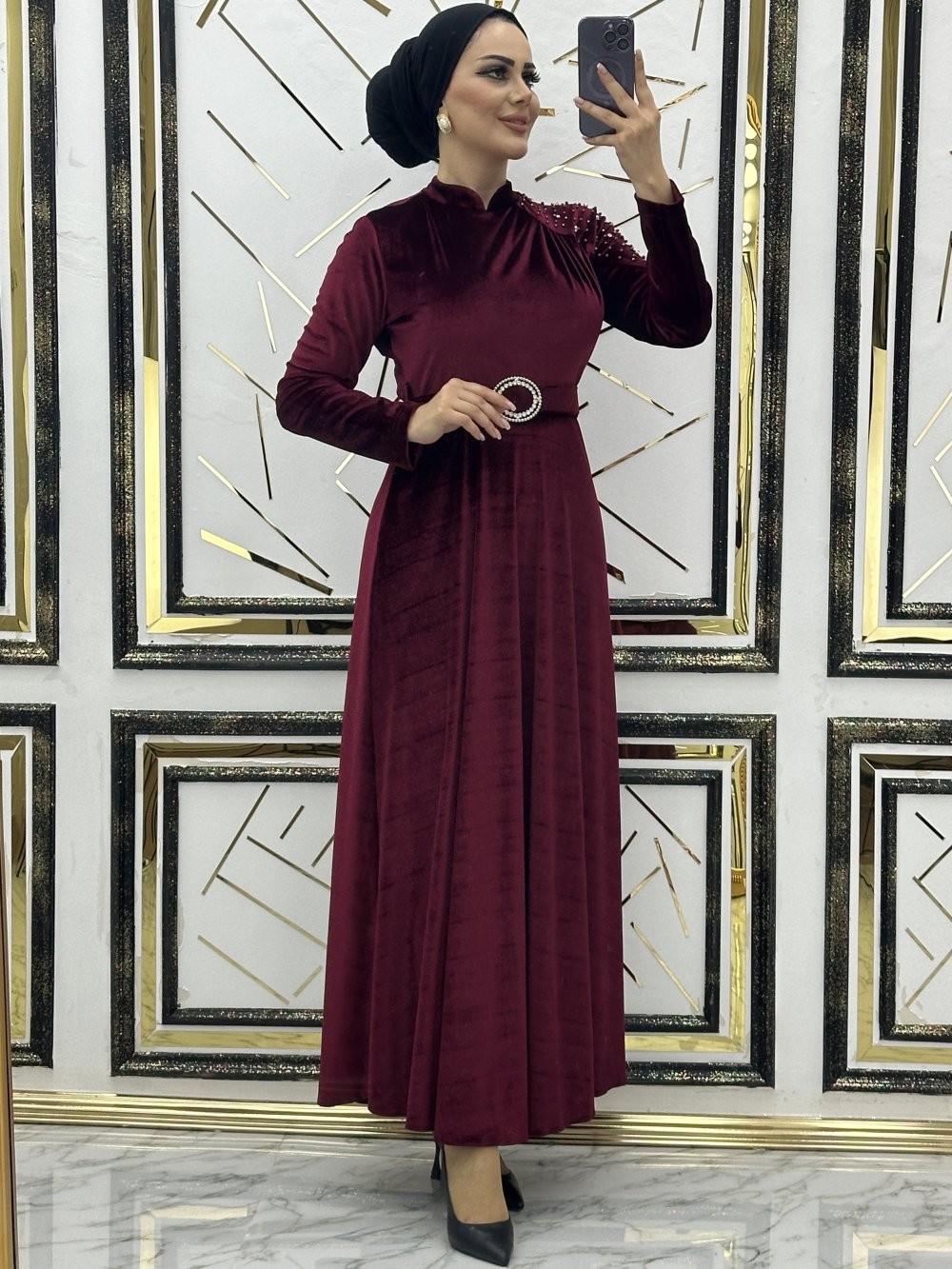 Afet kadife elbise  Bordo