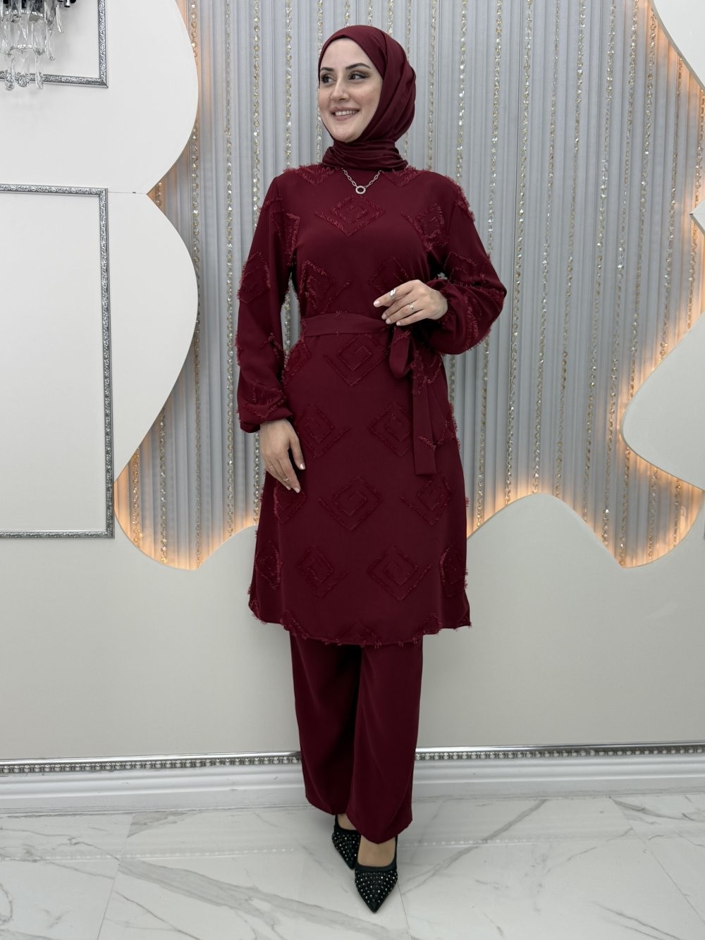 Hisli Pantolon Takım Bordo