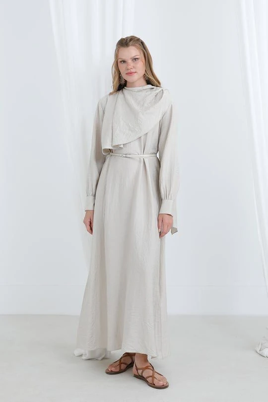 Şal Yaka Elbise  - Bej