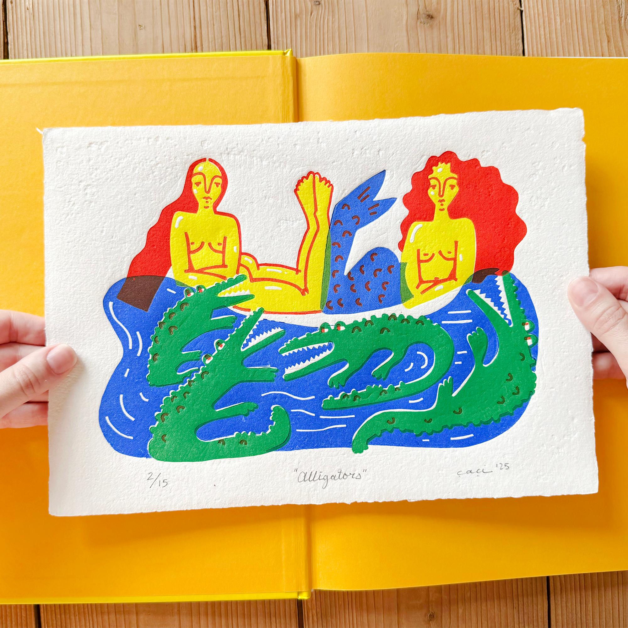 "Alligators" Linol Baskı