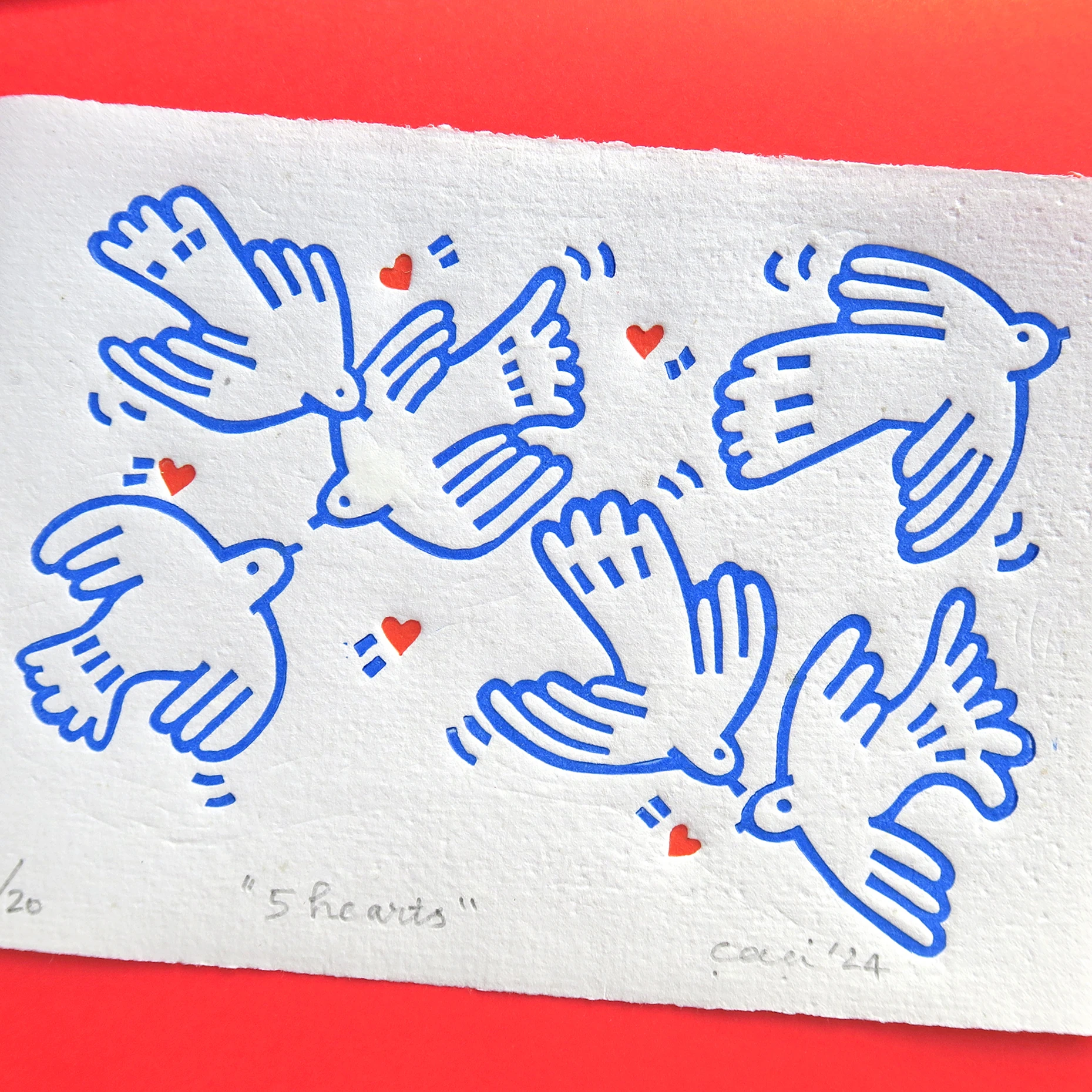"5 hearts" Framed Linocut Print