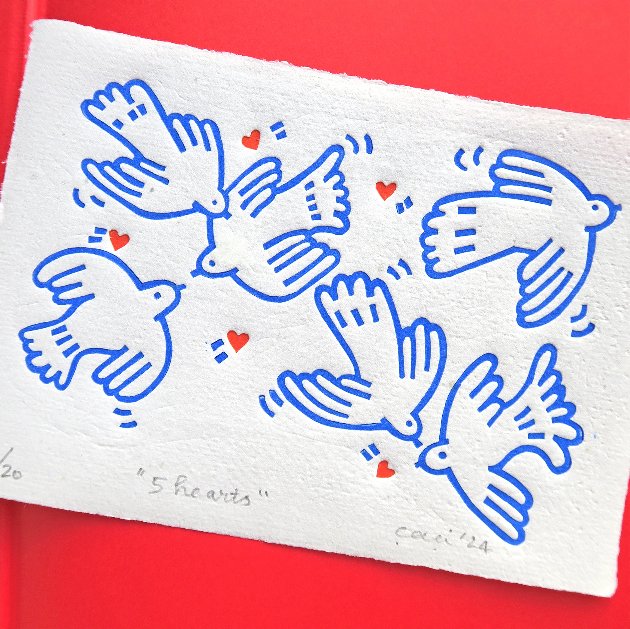 "5 hearts" Framed Linocut Print