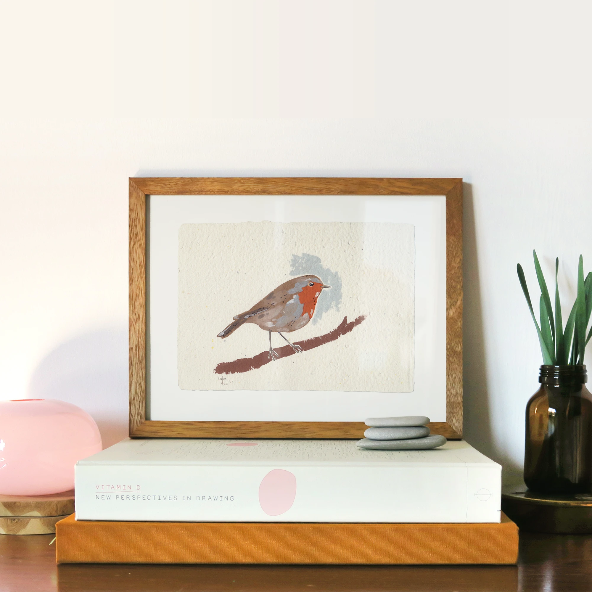 Kızılgerdan Kuşu Çerçeveli Guaj Resim