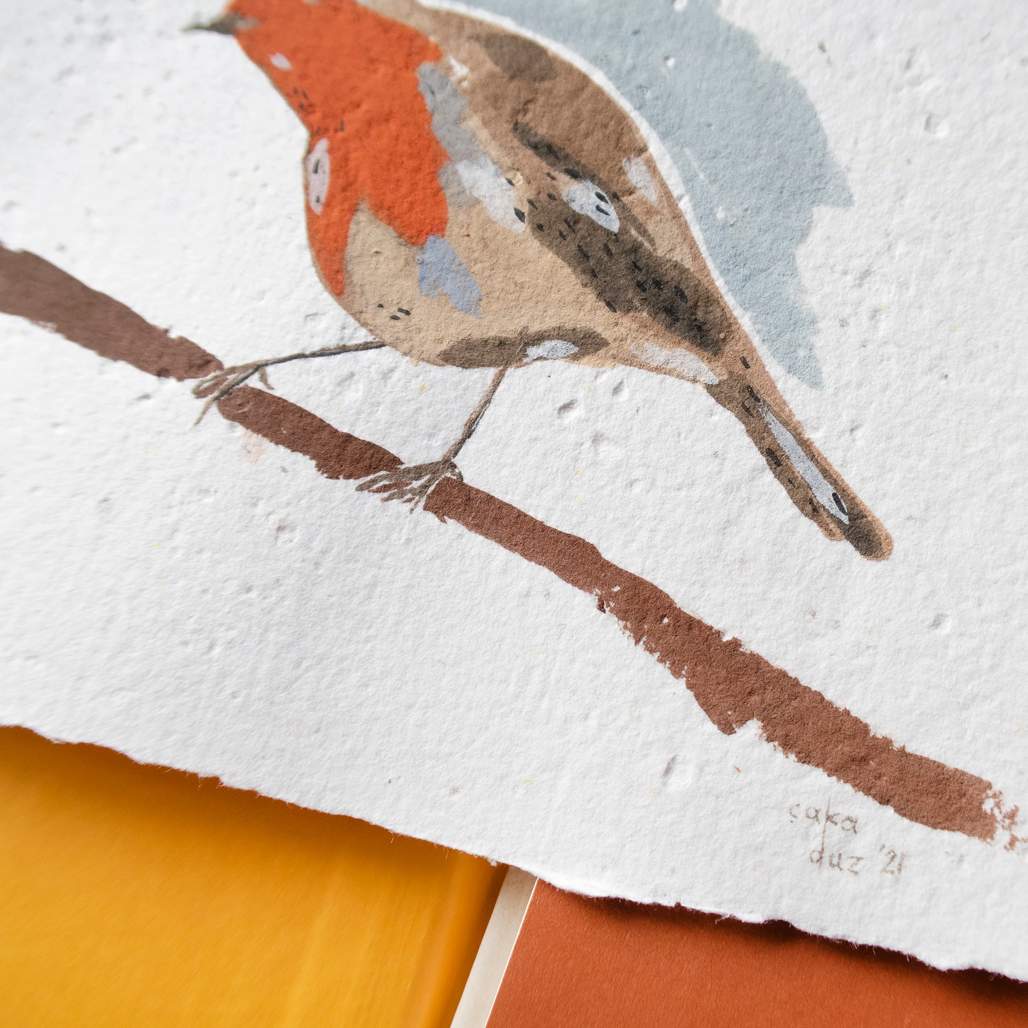 Kızılgerdan Kuşu Çerçeveli Guaj Resim