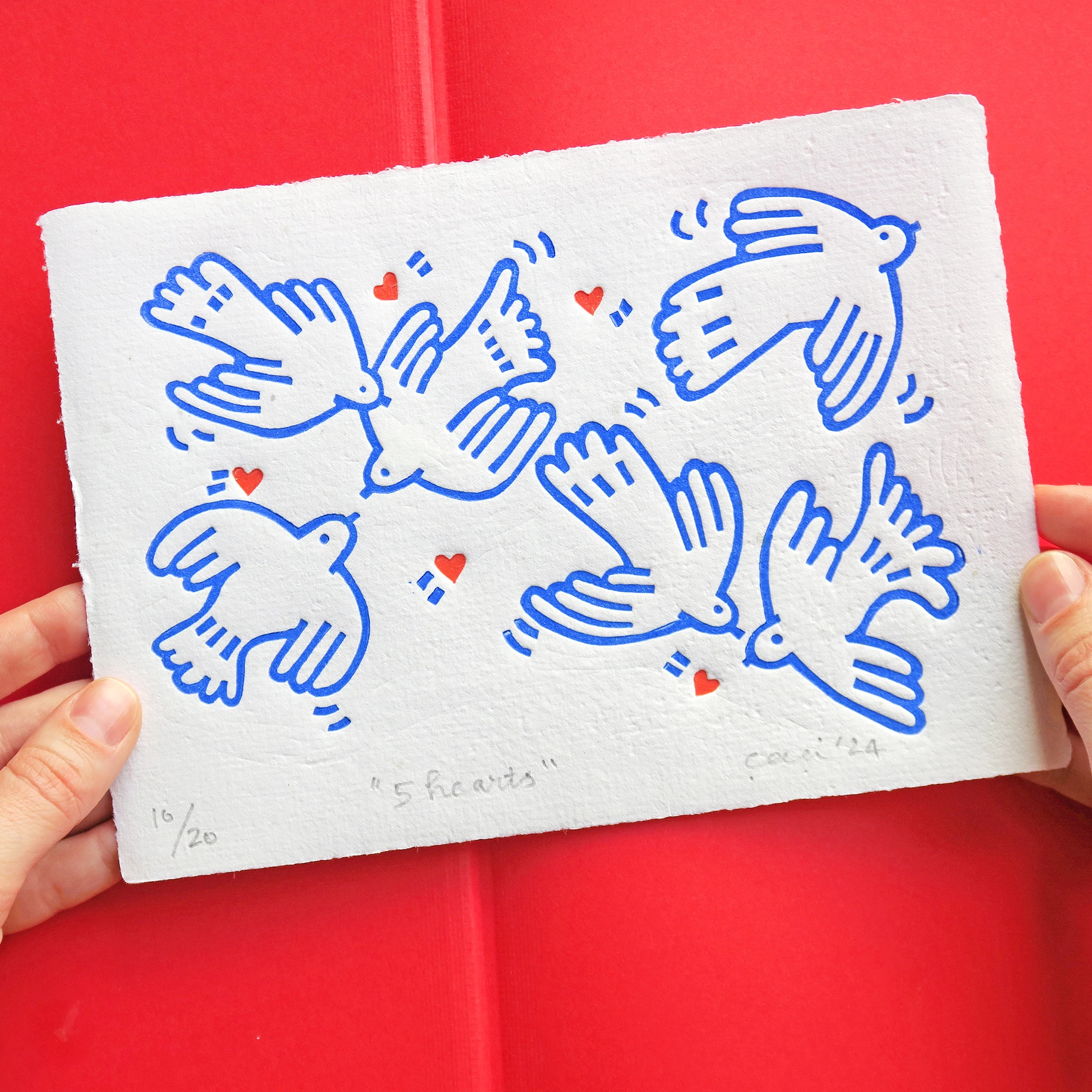 "5 hearts" Framed Linocut Print