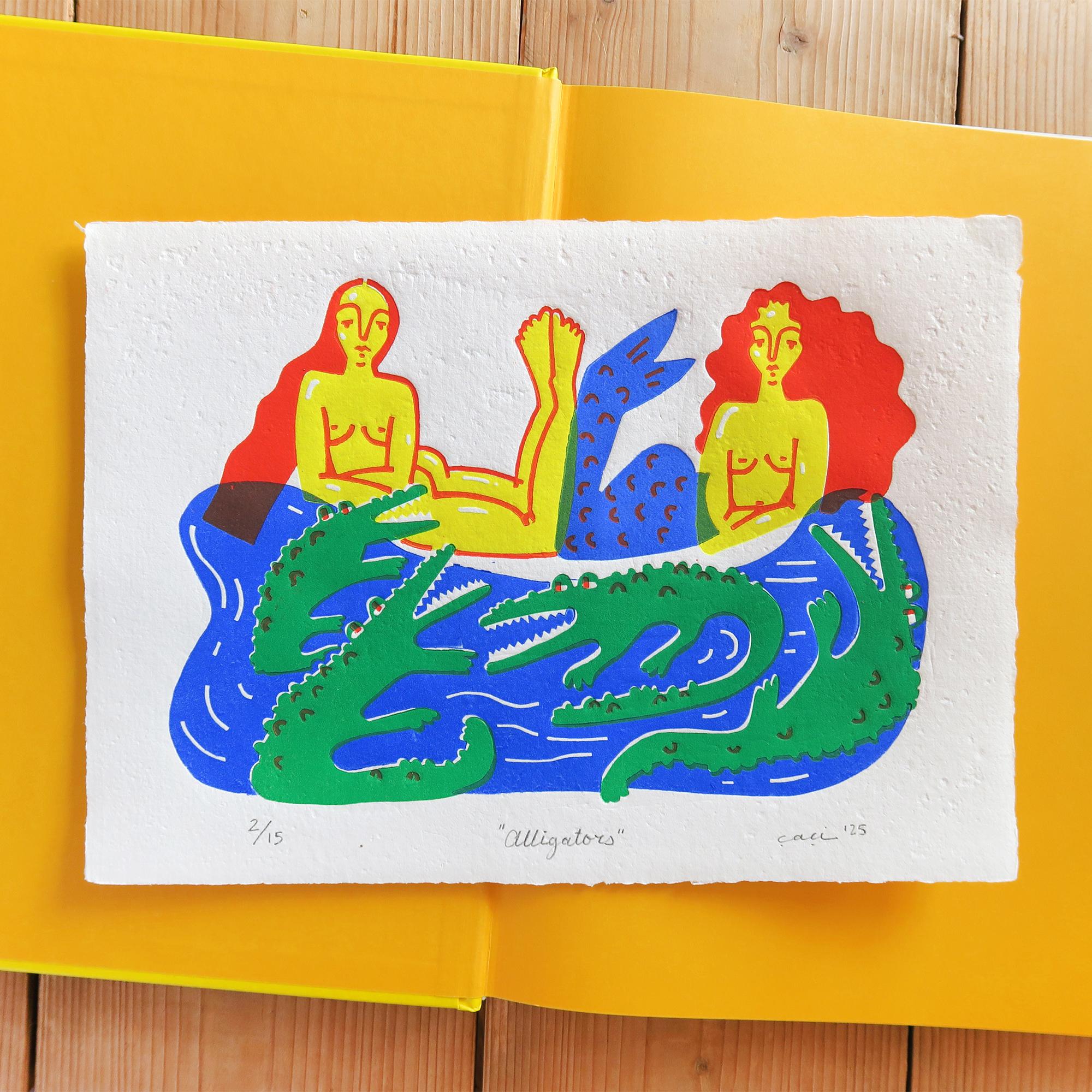 "Alligators" Linol Baskı