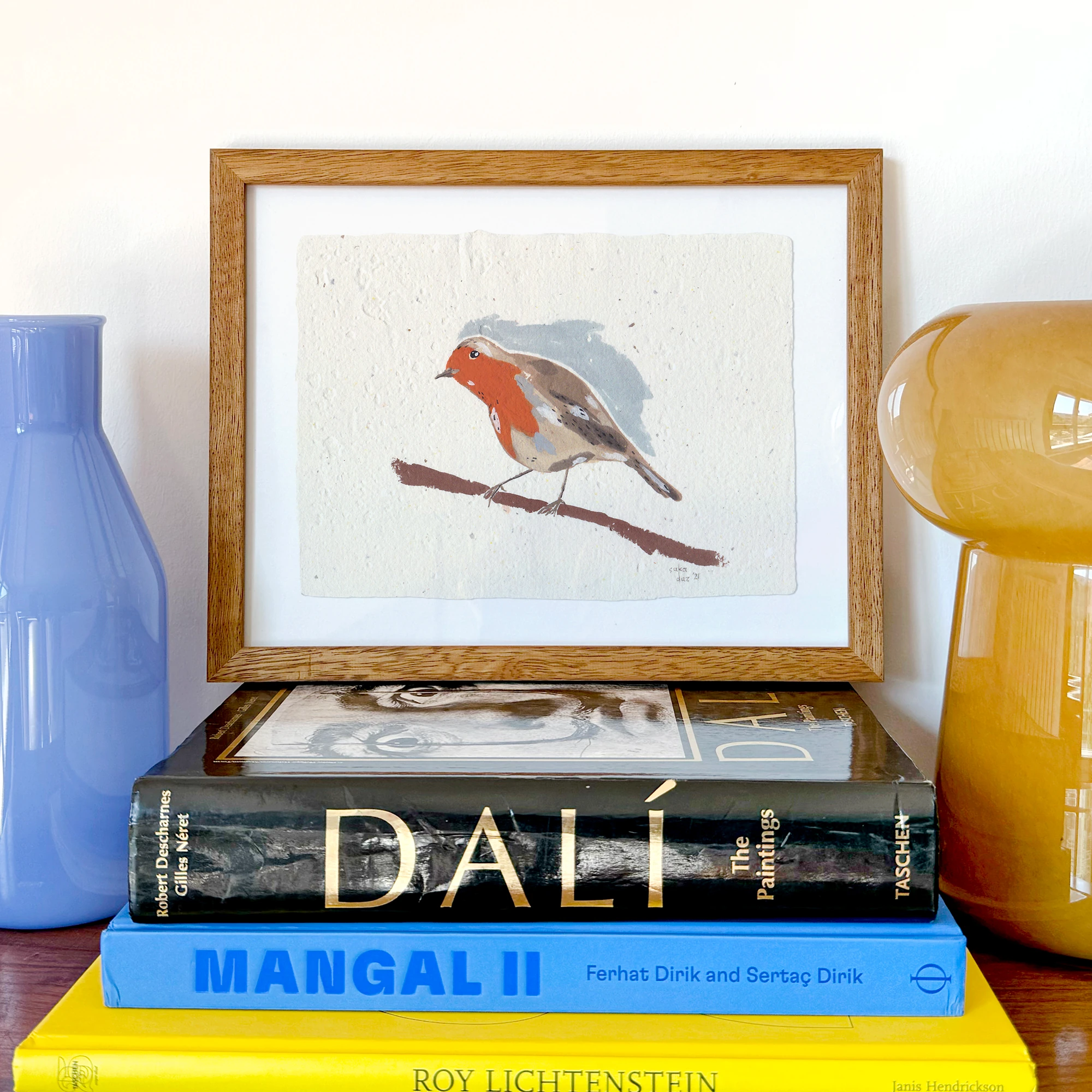 Kızılgerdan Kuşu Çerçeveli Guaj Resim