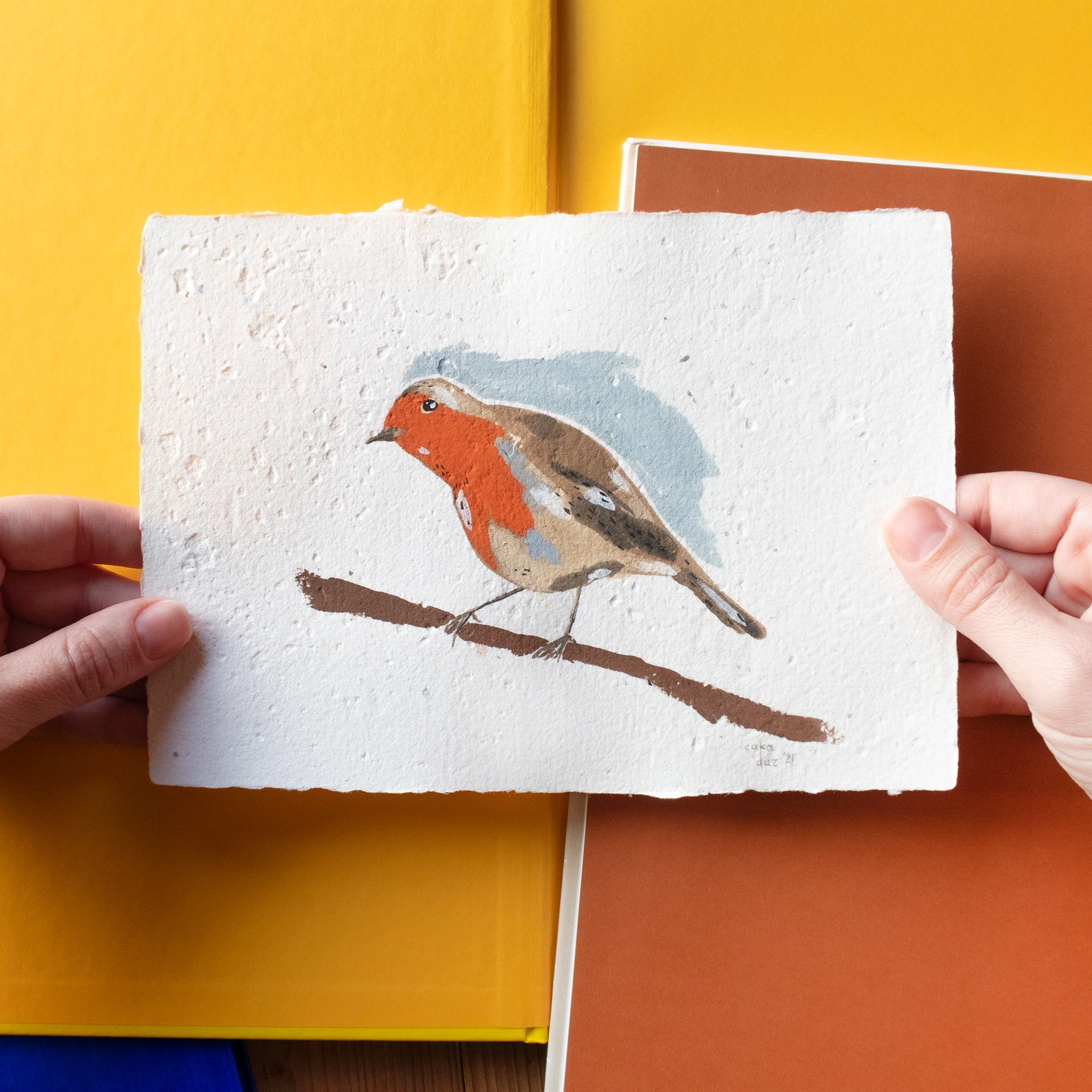 Kızılgerdan Kuşu Çerçeveli Guaj Resim