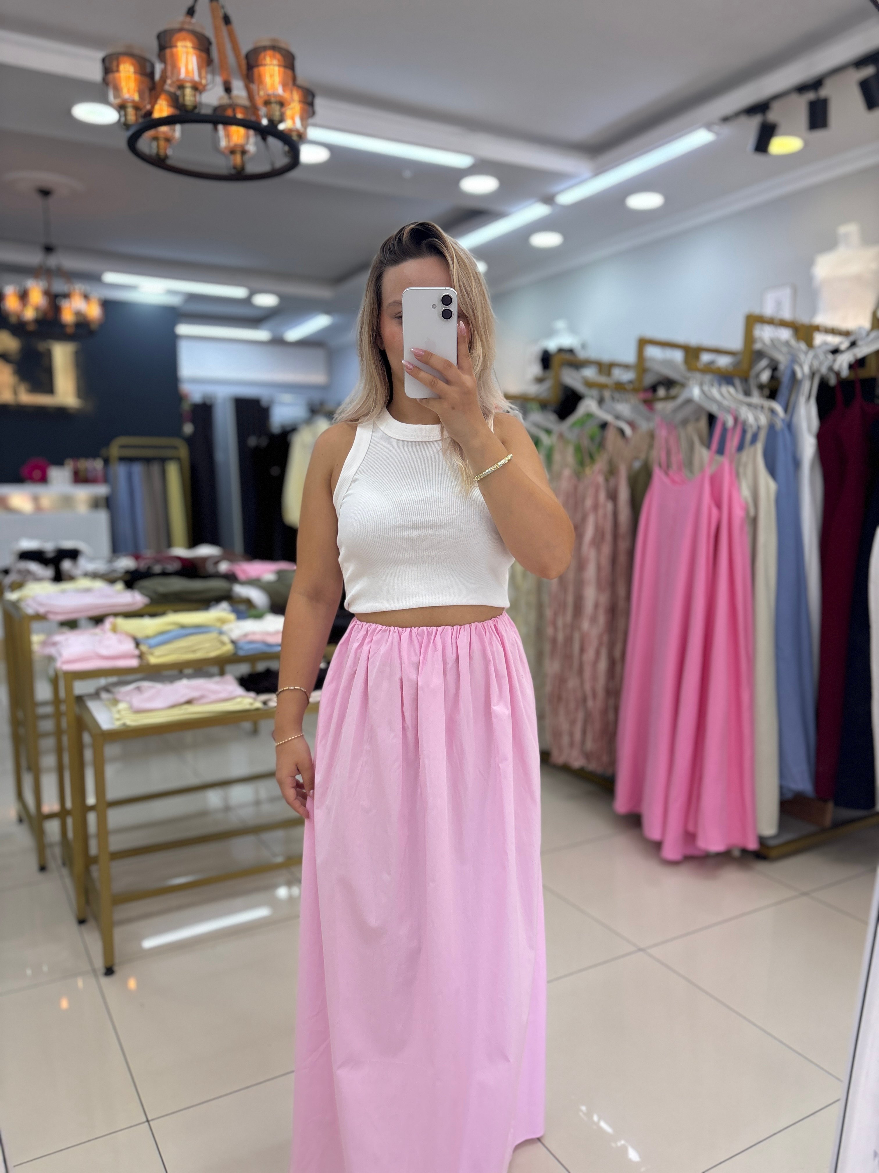 BEL LASTİKLİ PEMBE POPLİN ETEK