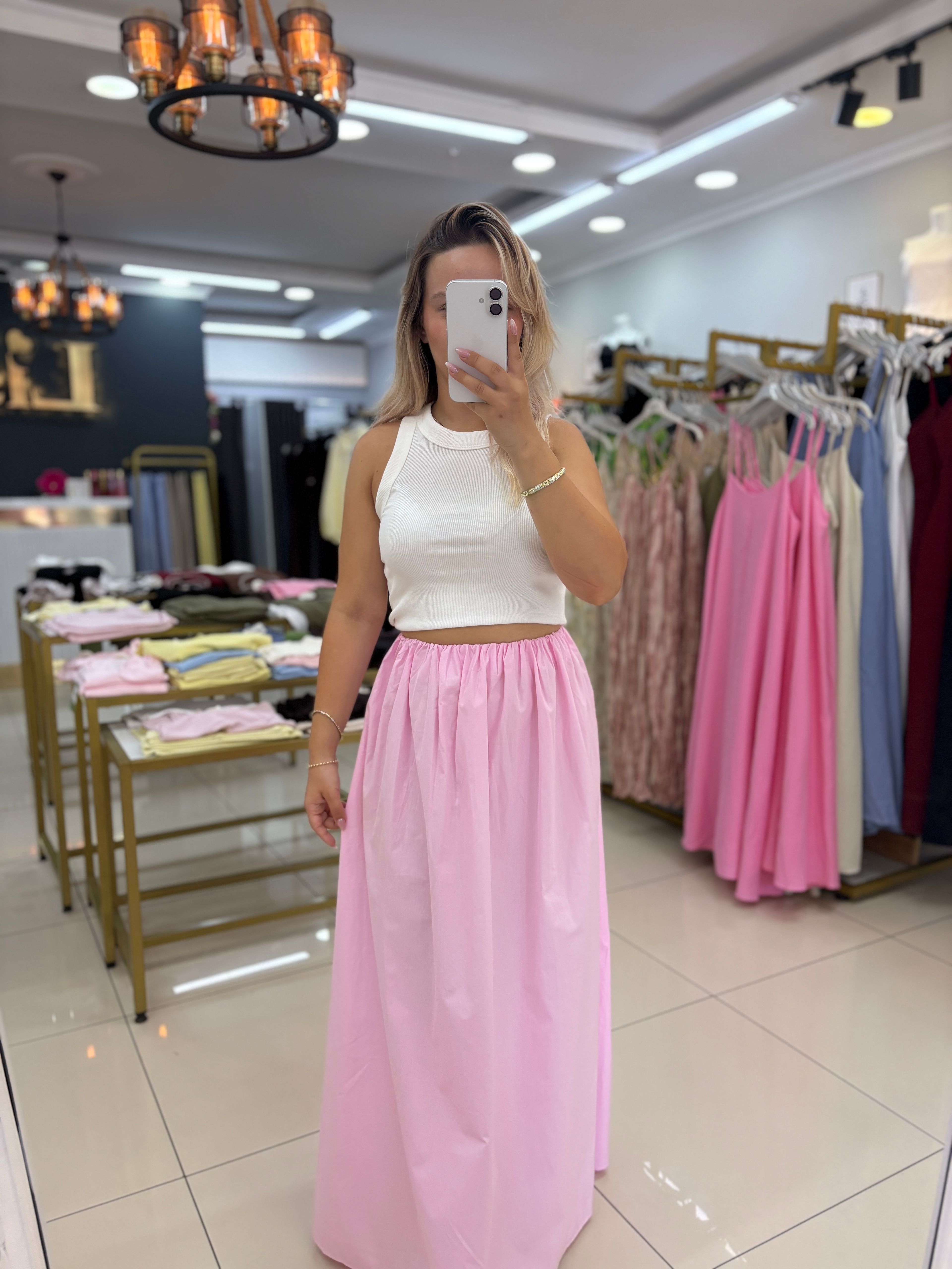BEL LASTİKLİ PEMBE POPLİN ETEK