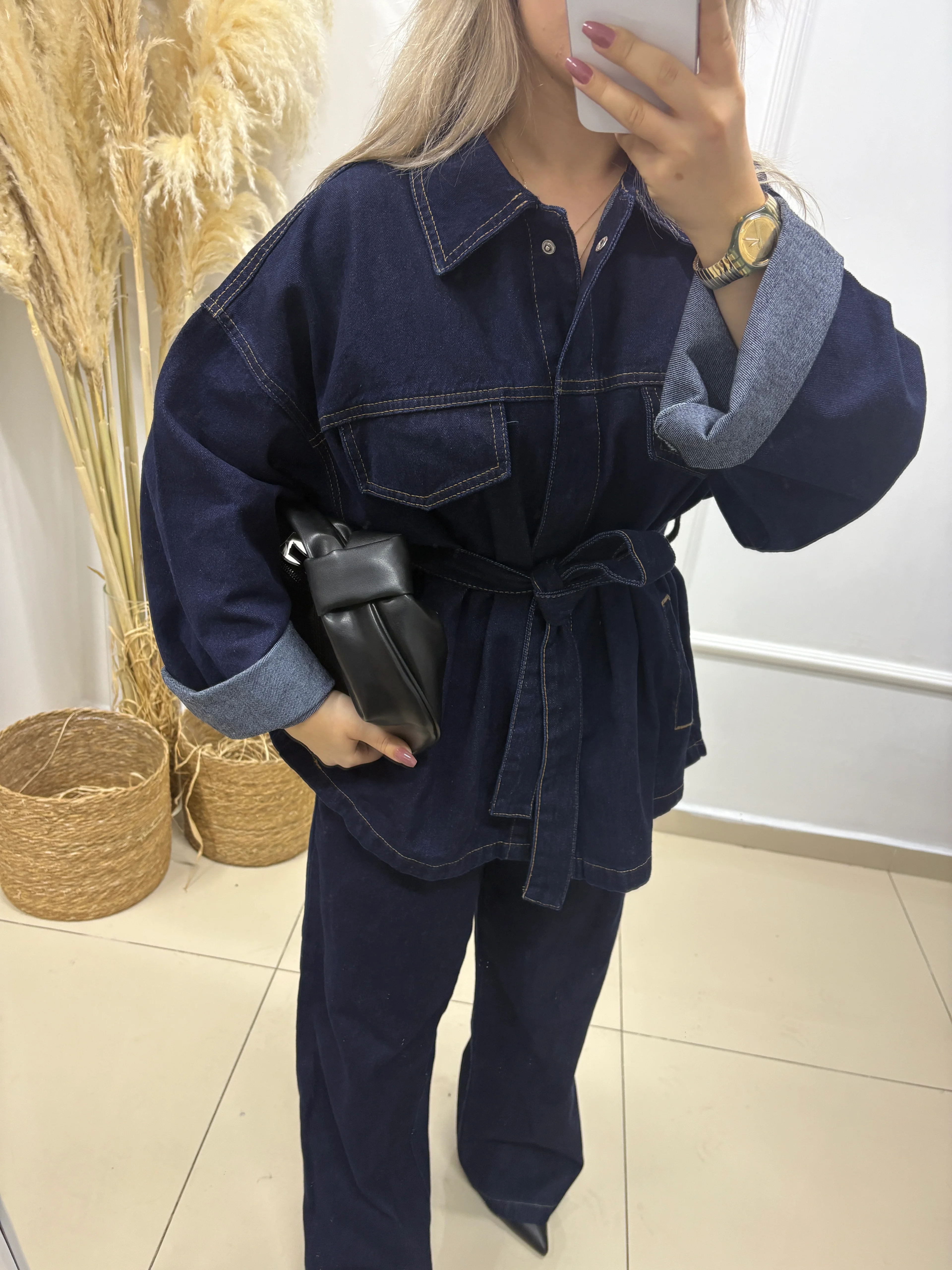 KOYU LACİVERT KEMERLİ DENİM TAKIM