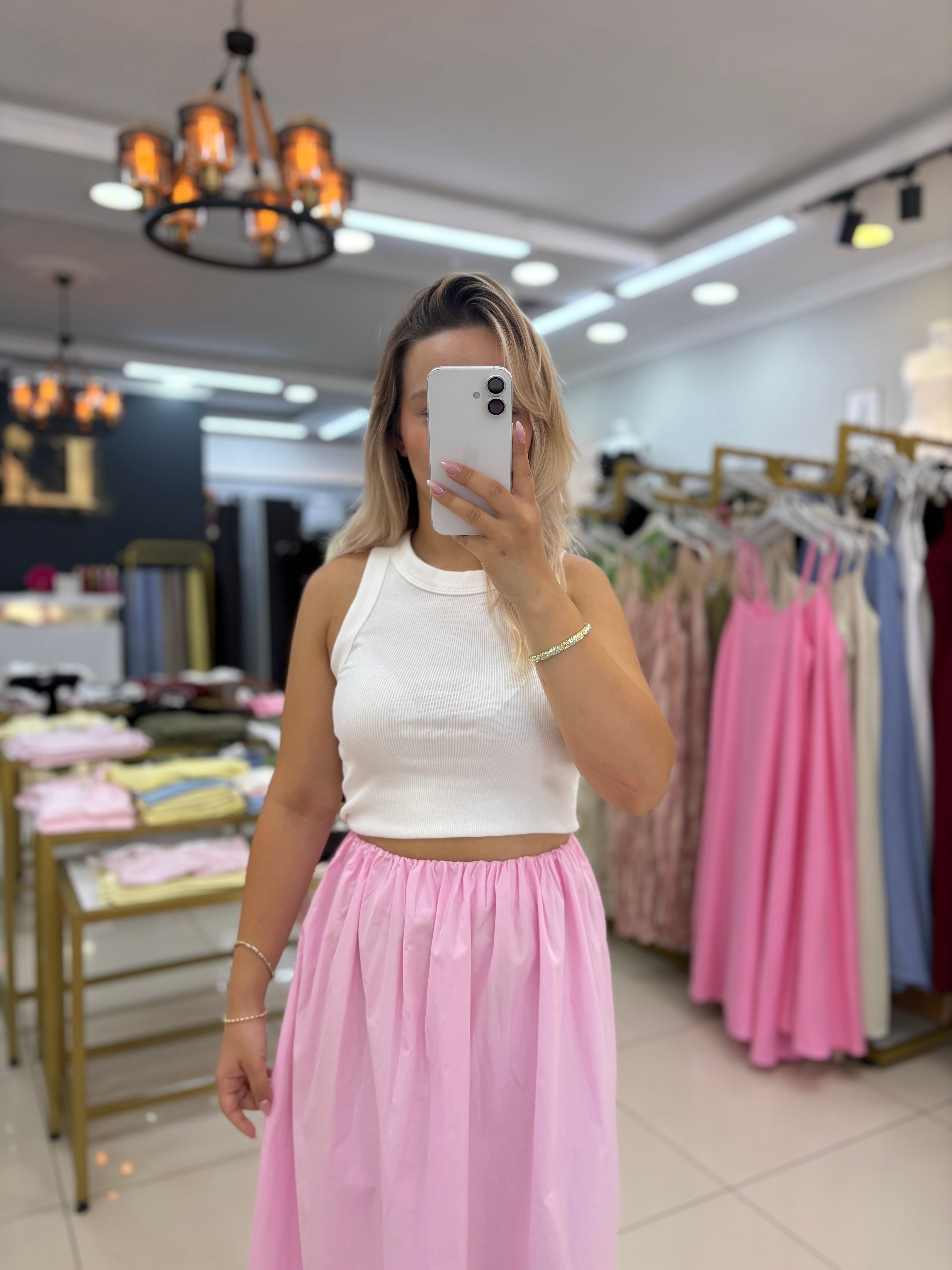 BEL LASTİKLİ PEMBE POPLİN ETEK