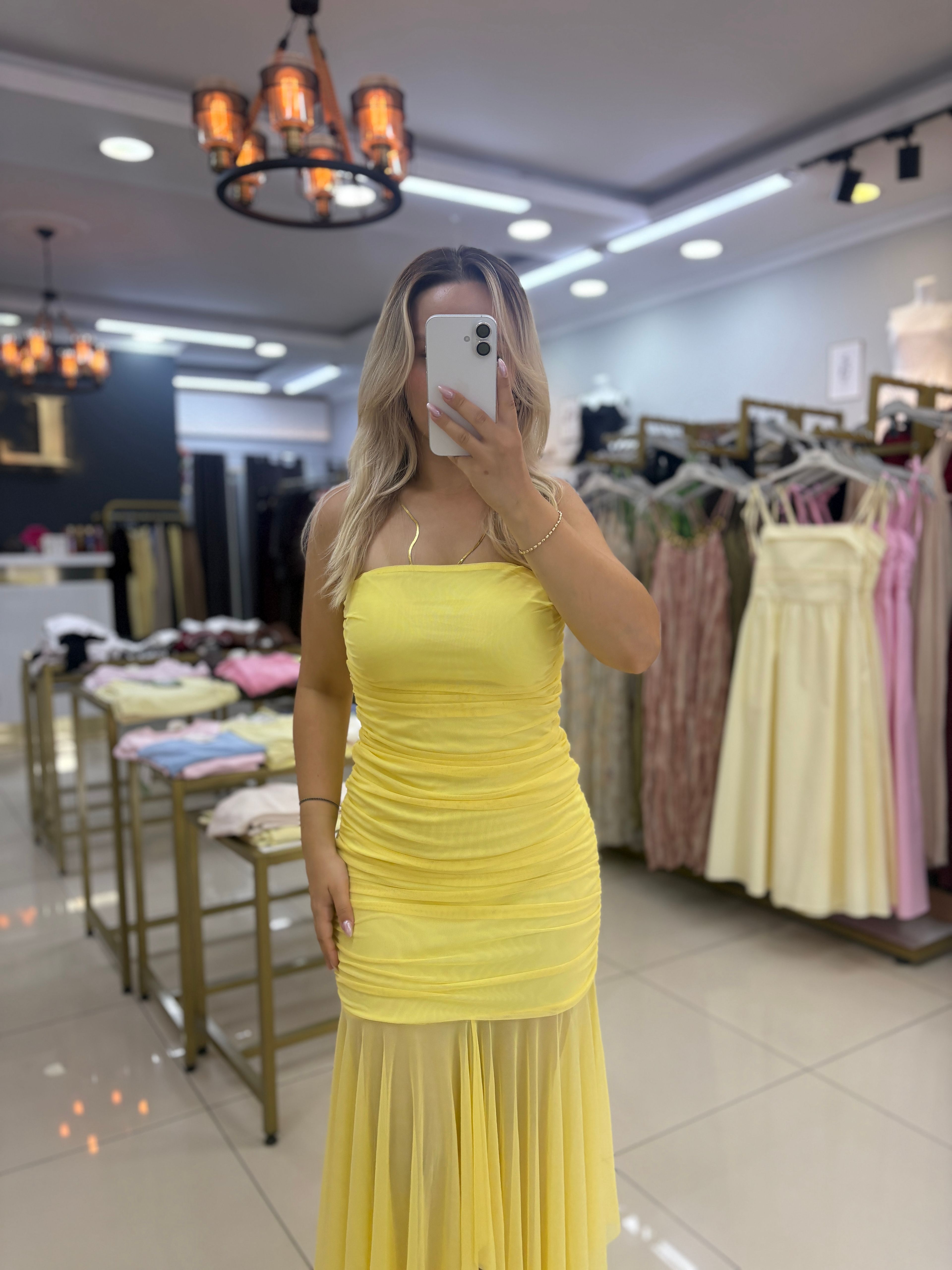 SARI ASİMETRİK STRAPLEZ TÜL ELBİSE