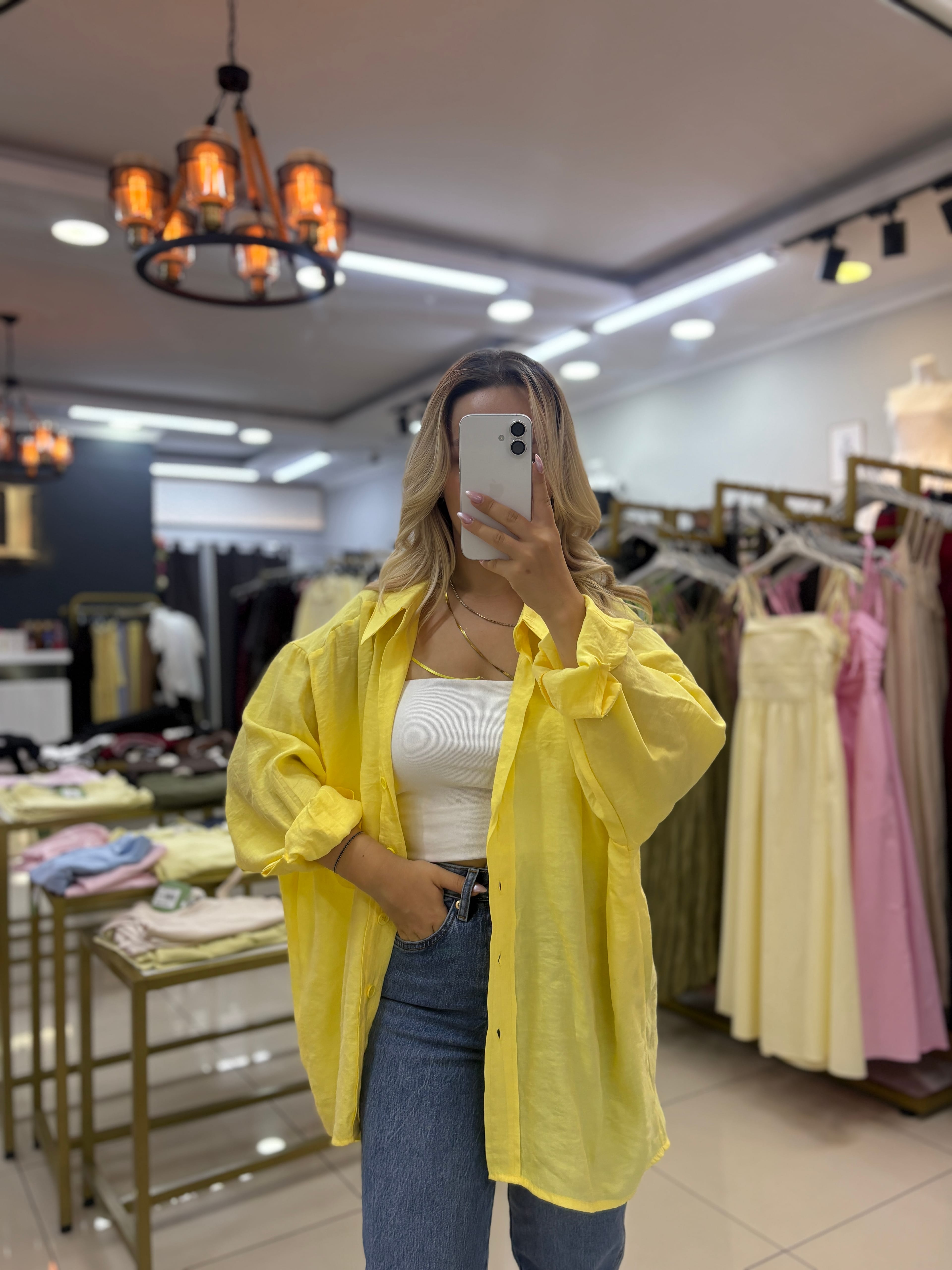 4612 SARI DÜŞÜK OMUZLU OVERSİZE GÖMLEK