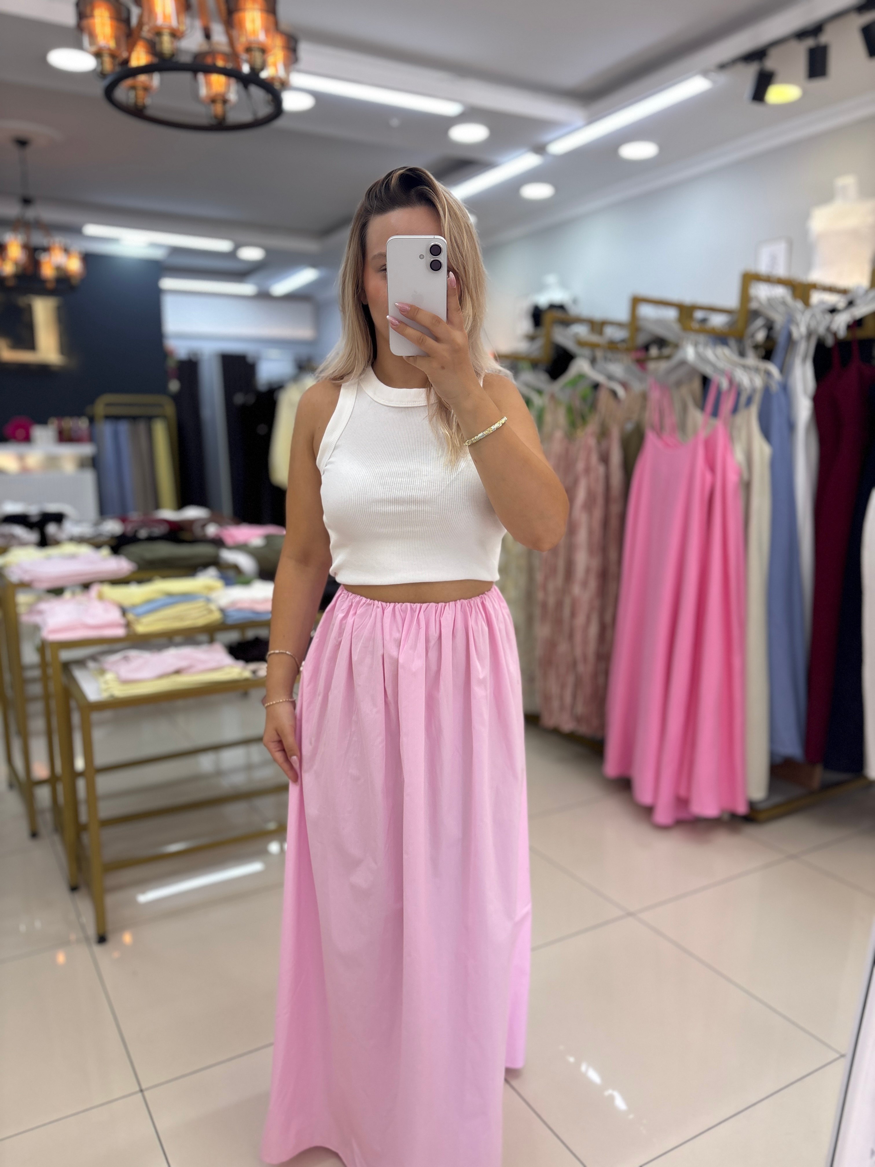 BEL LASTİKLİ PEMBE POPLİN ETEK
