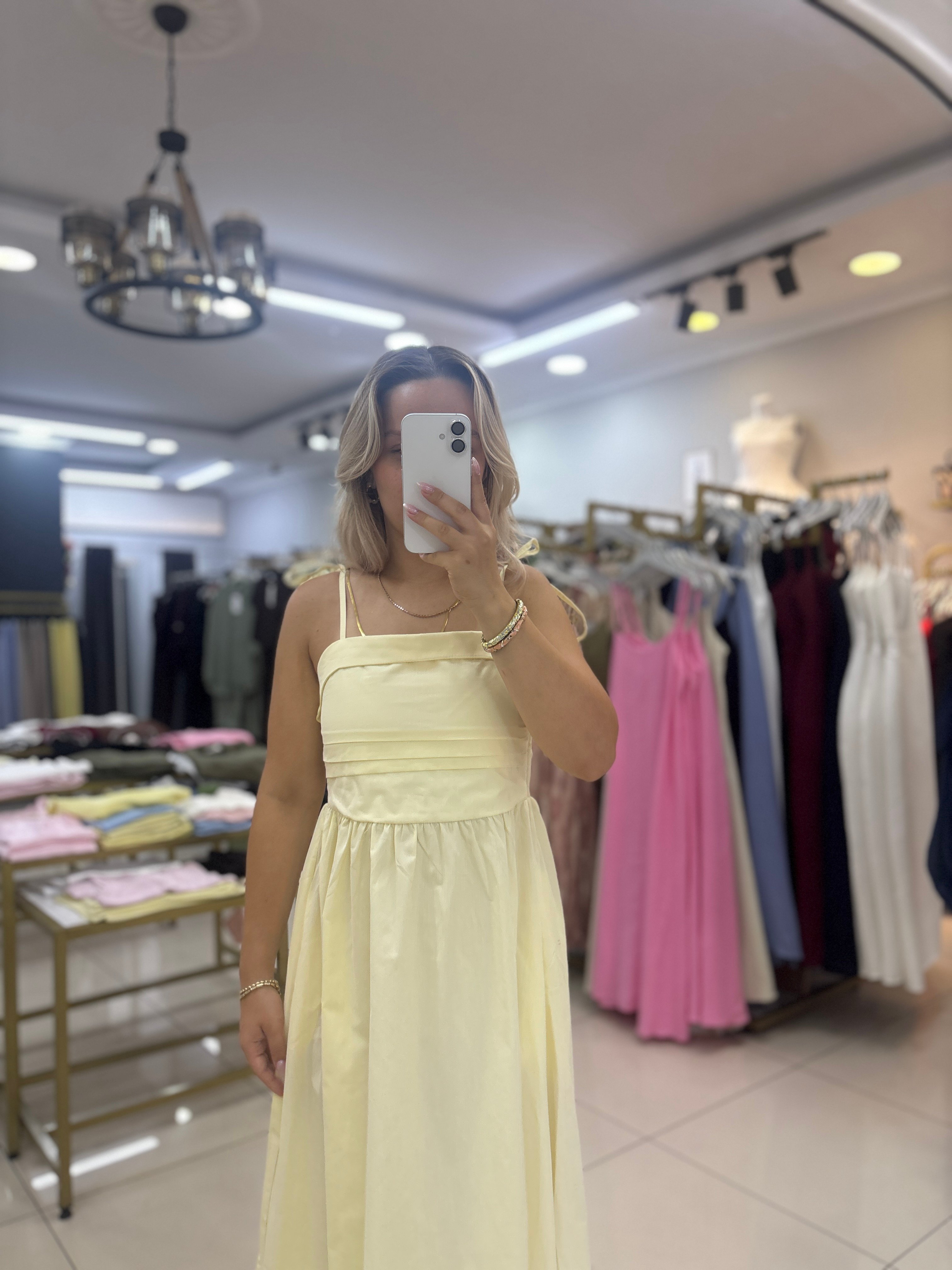 ASKILI OMUZ BAĞLAMALI SARI ELBİSE 3332