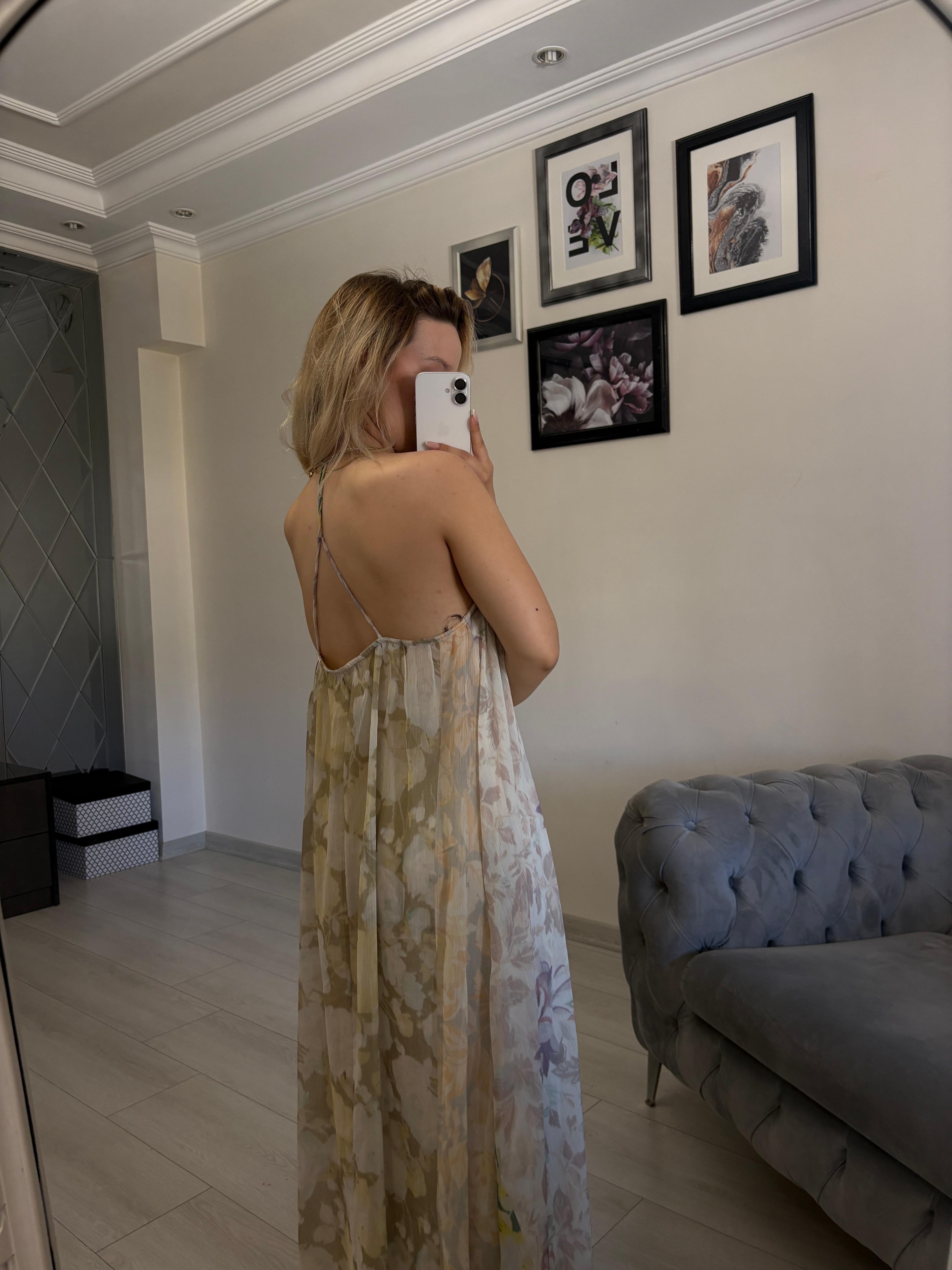 ASKILI ÇİÇEK DESENLİ DÖKÜMLÜ ELBİSE 3321