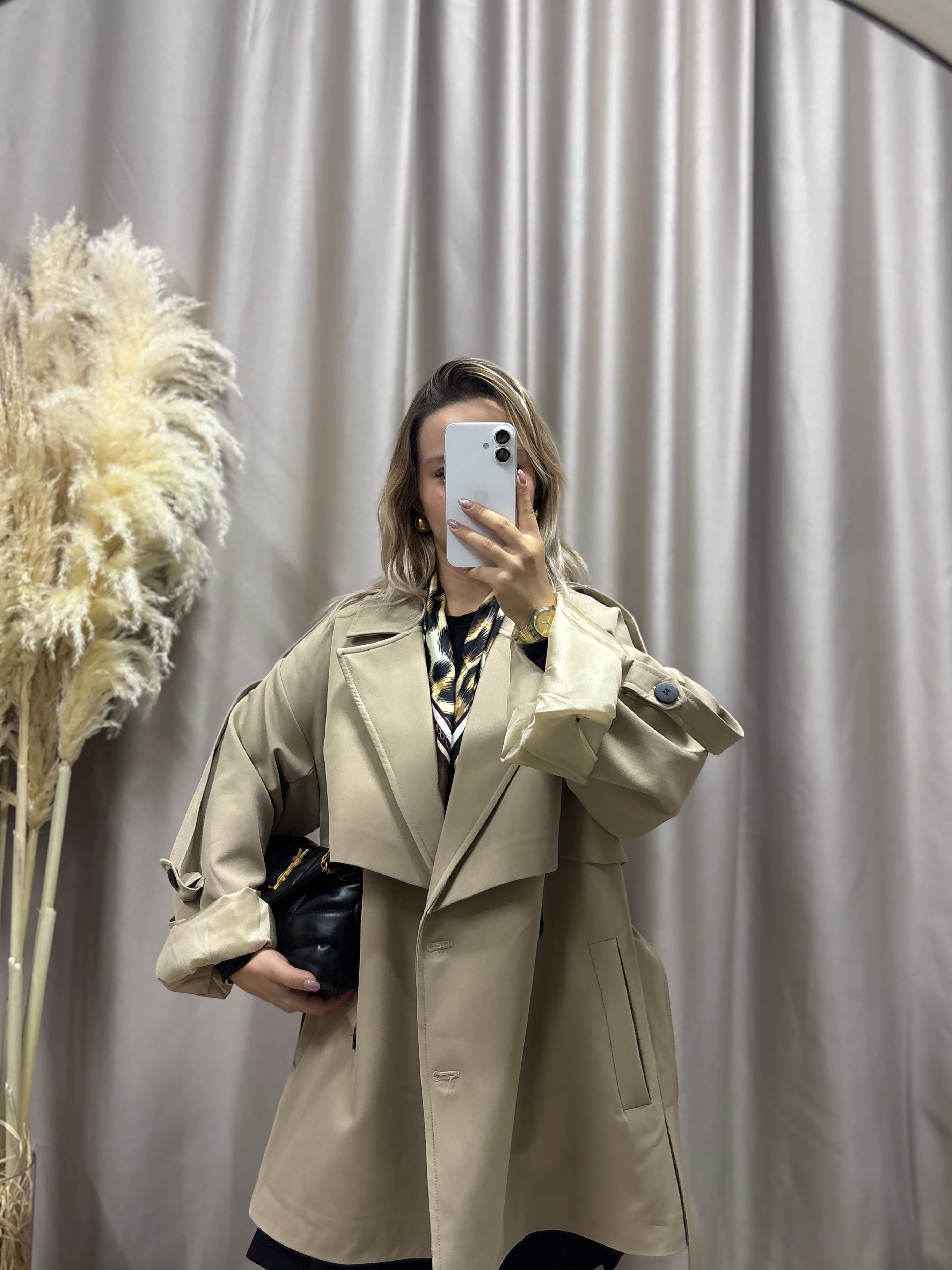 PREMIUM KALİTE  KADIN KISA CAMEL TRENÇ 9580