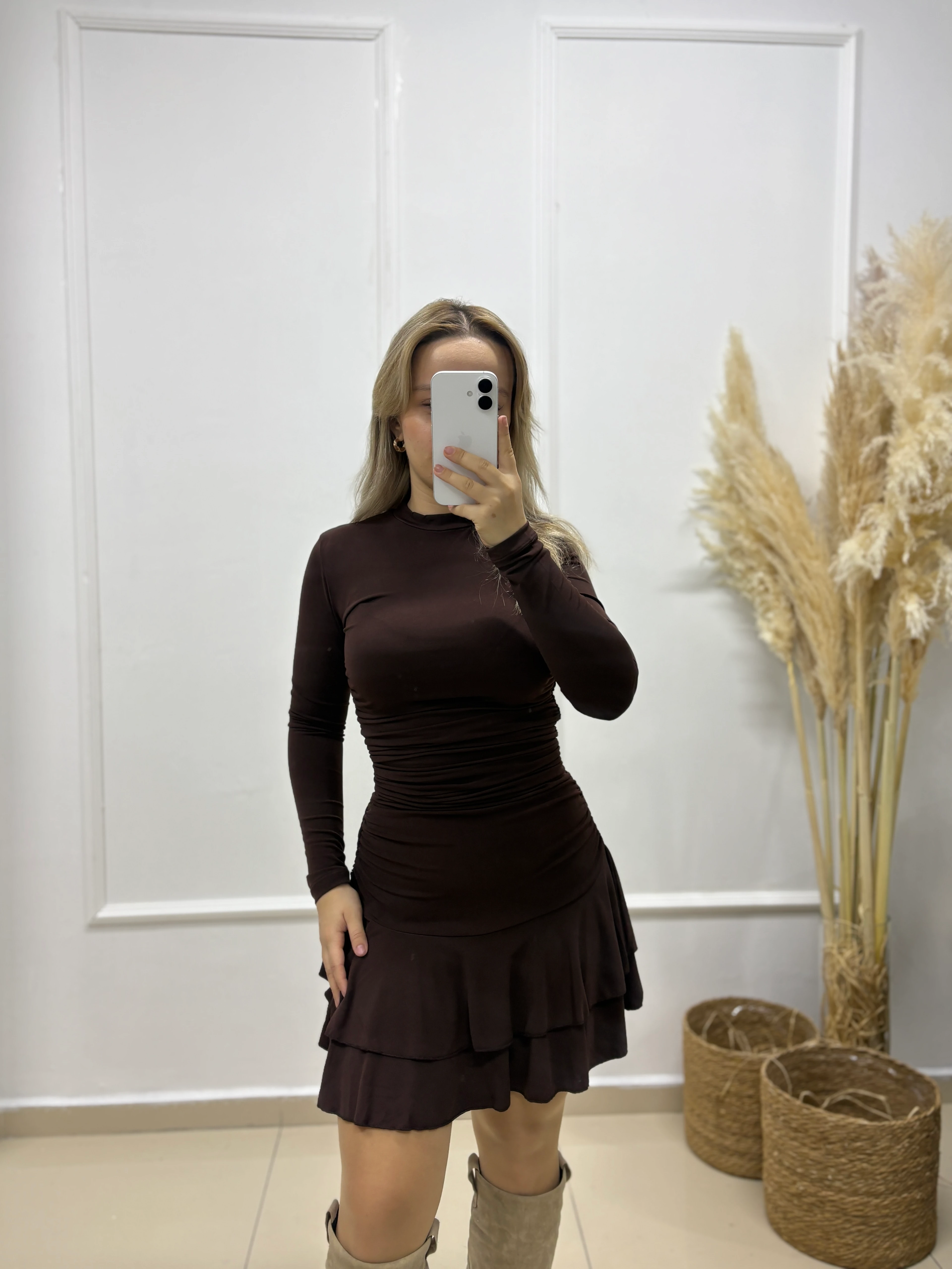 10123 BİSİKLET YAKA KAHVERENGİ MİNİ PRENSES ELBİSE