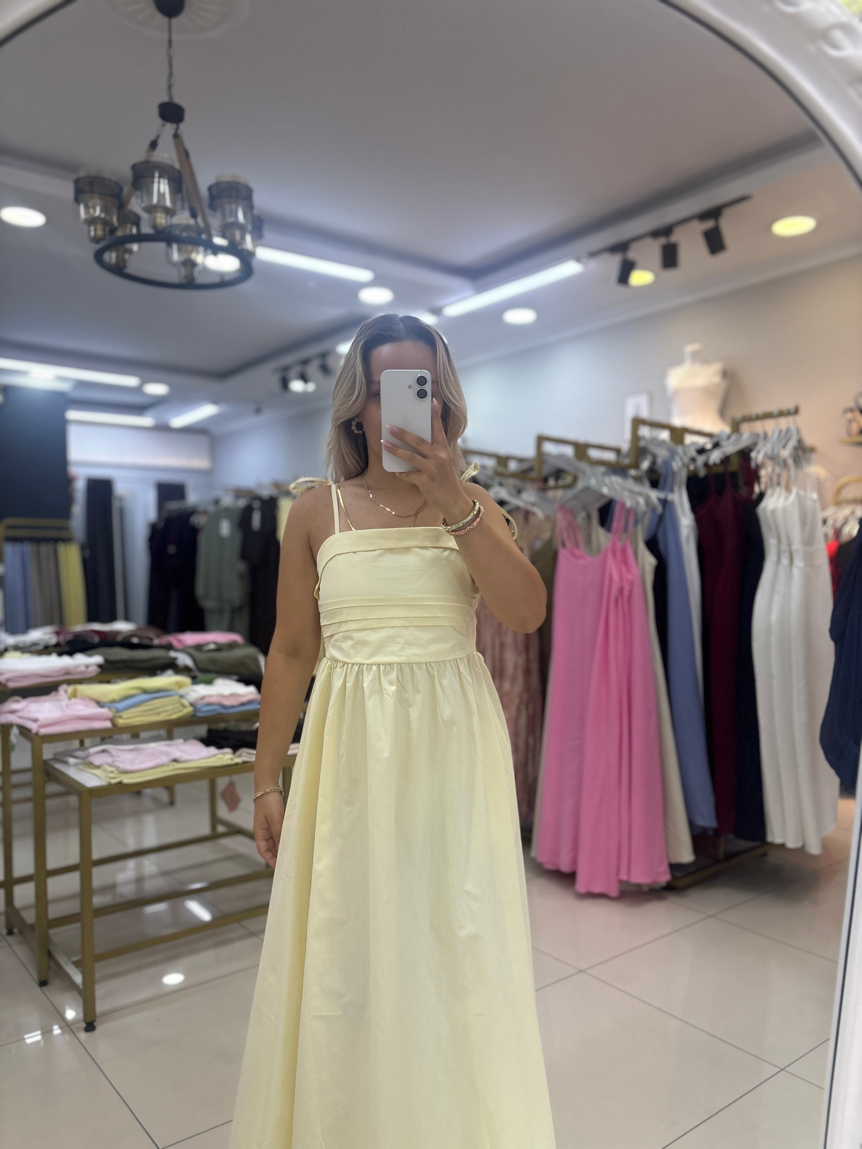 ASKILI OMUZ BAĞLAMALI SARI ELBİSE 3332