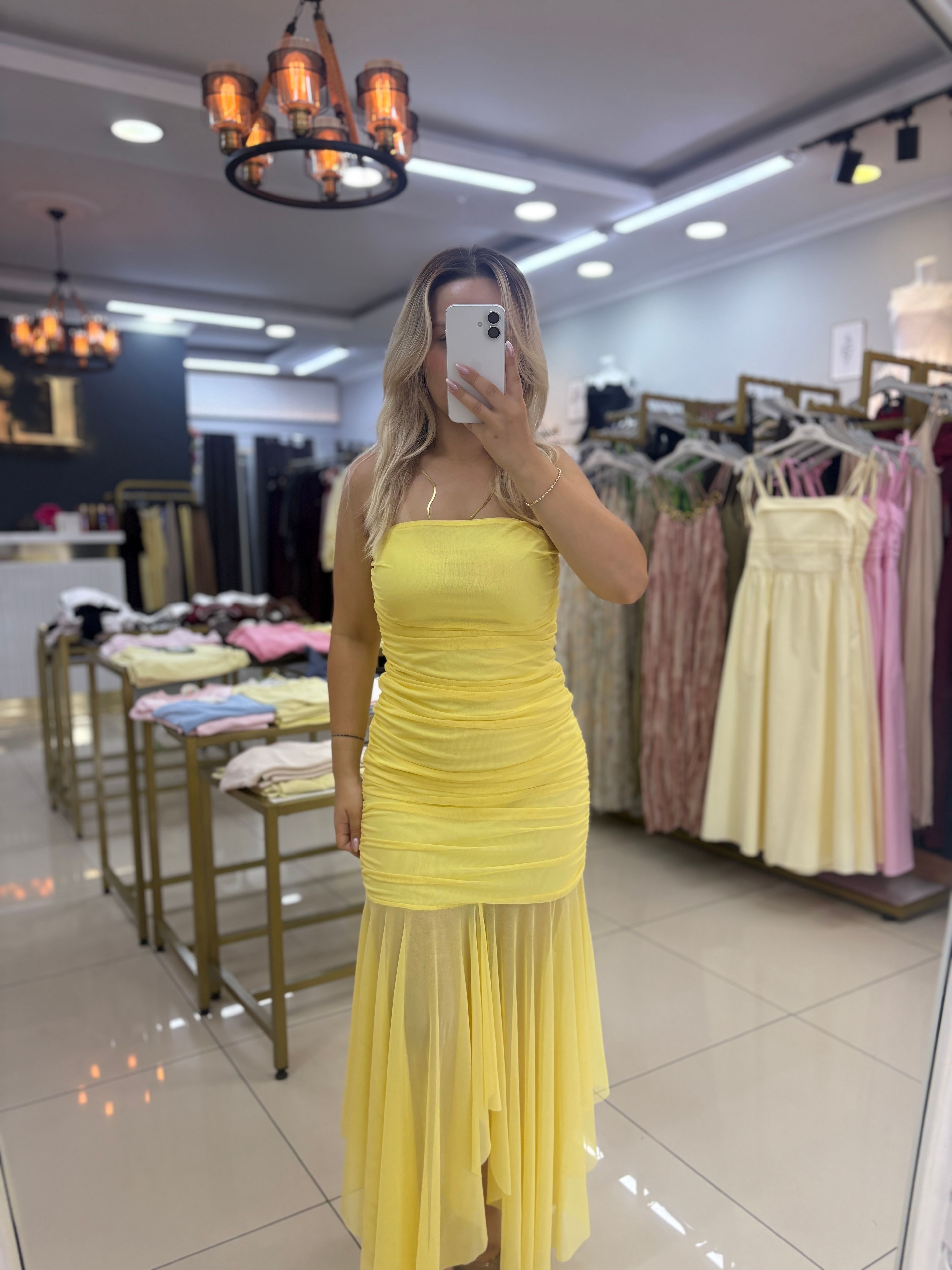 SARI ASİMETRİK STRAPLEZ TÜL ELBİSE