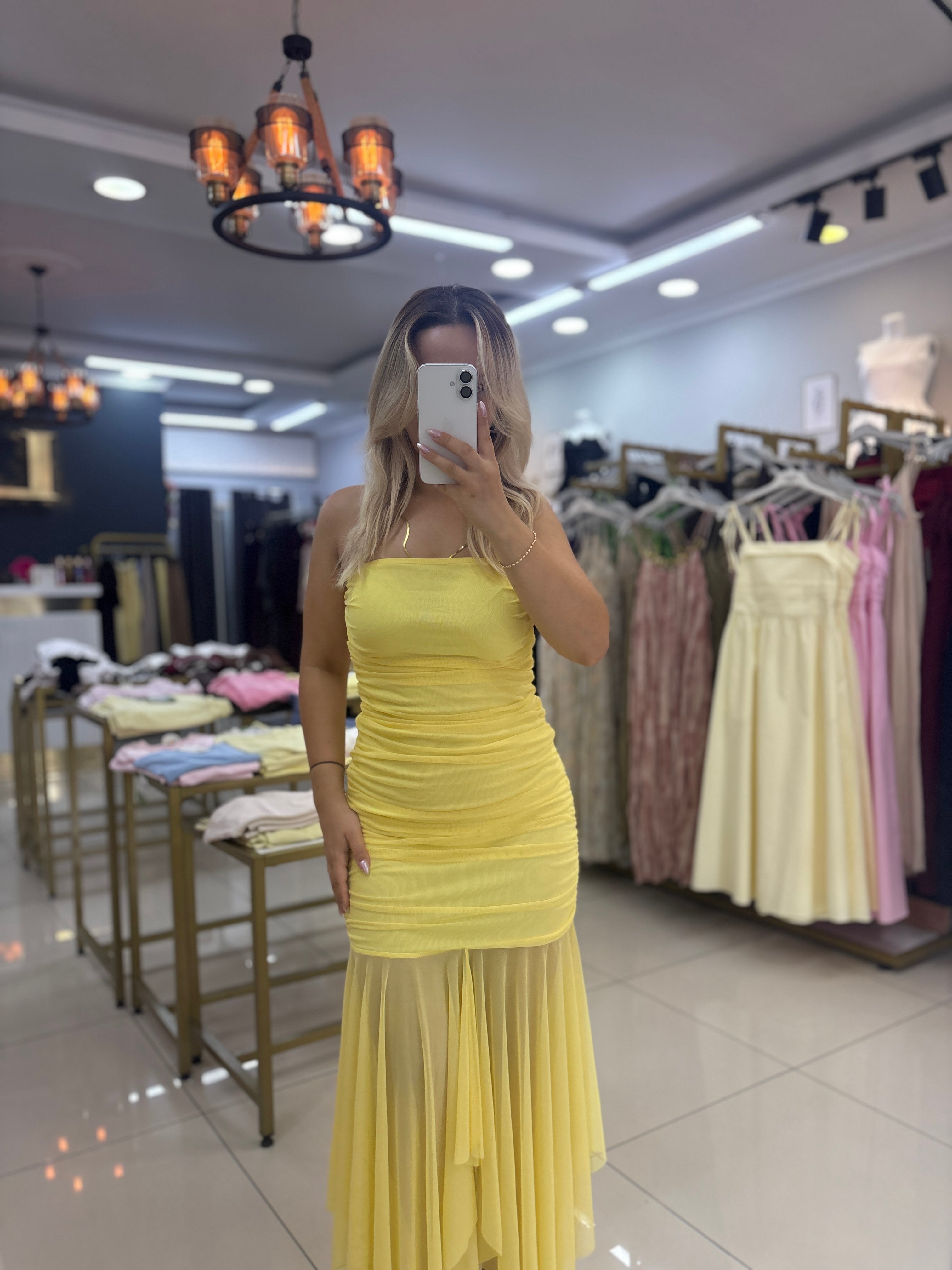 SARI ASİMETRİK STRAPLEZ TÜL ELBİSE