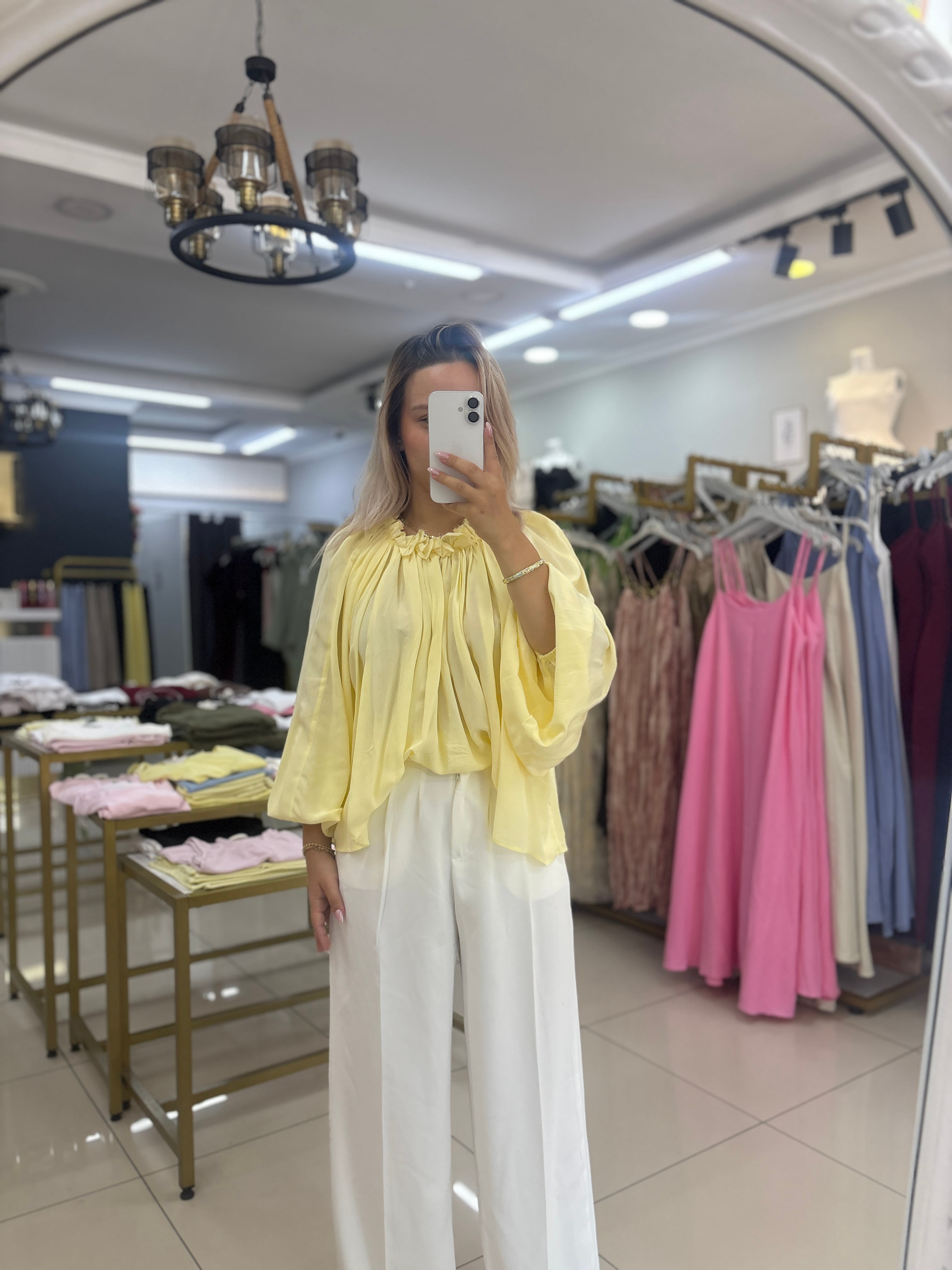 4959 YAKASI BÜZGÜLÜ SARI GÖMLEK BLUZ