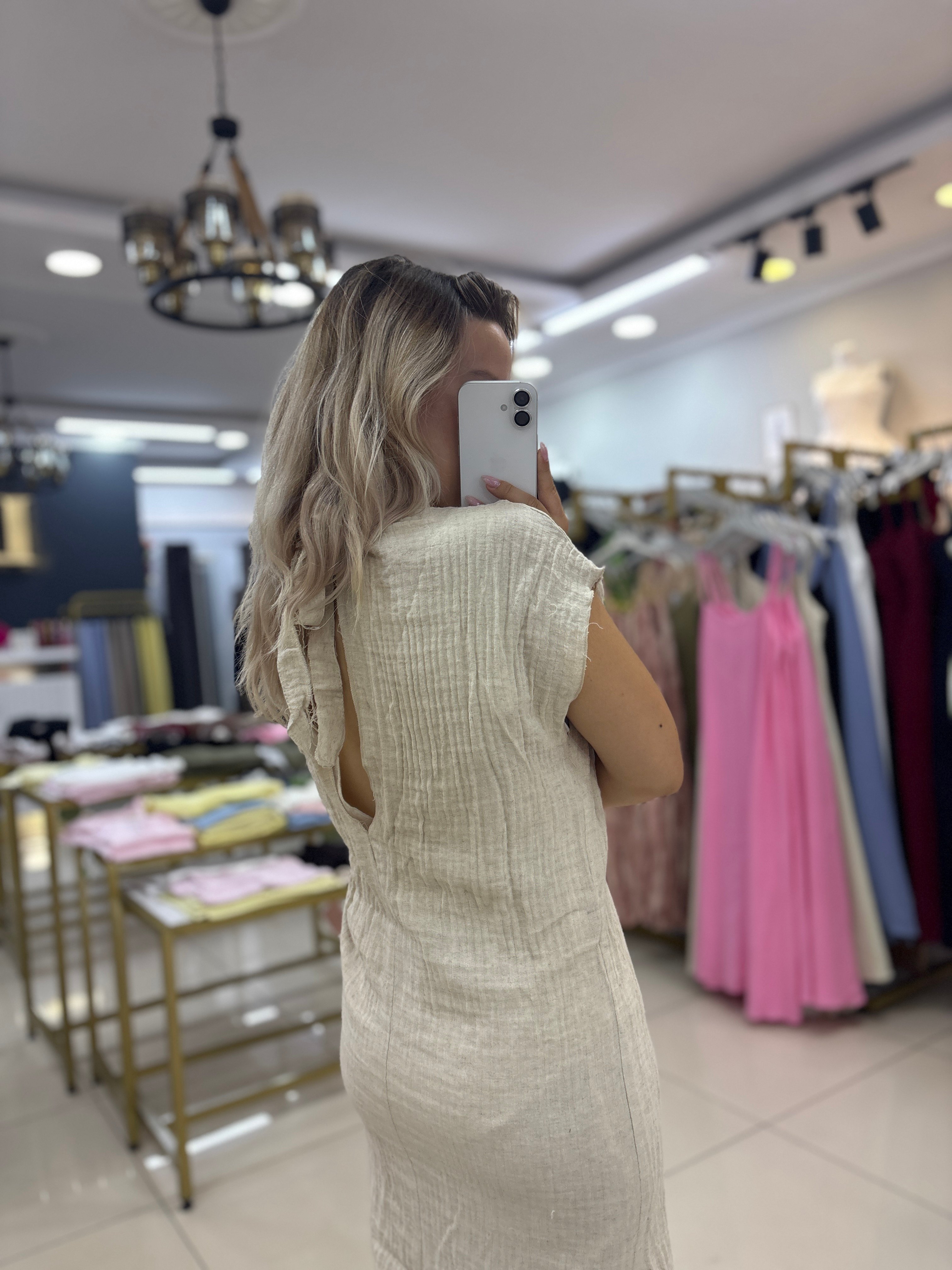 SIFIR KOL SIRT DETAYLI KETEN ELBİSE 3233